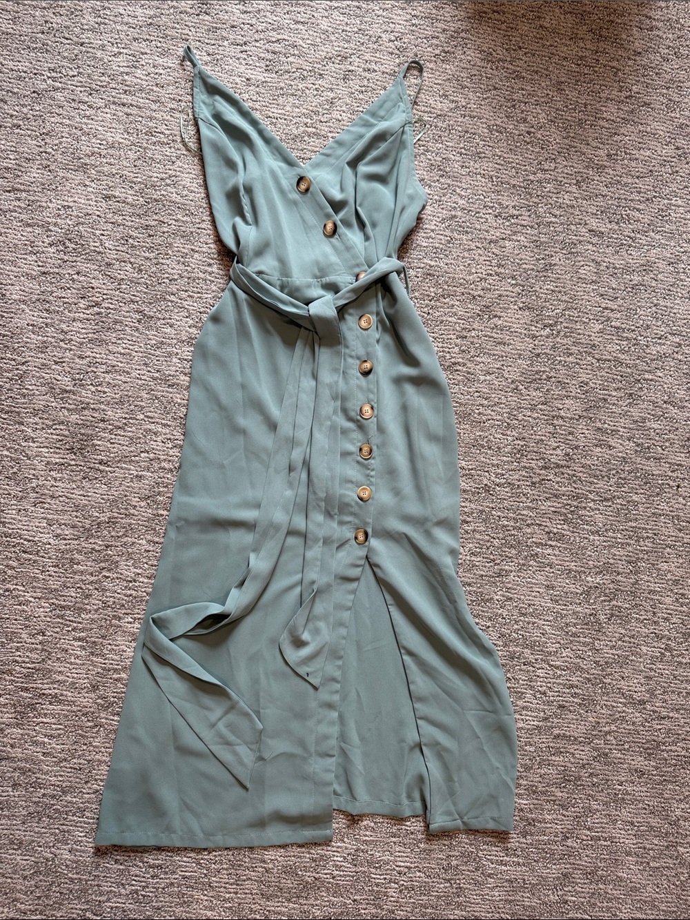entro Sage Green Midi Dress with Button Front and Waist Tie